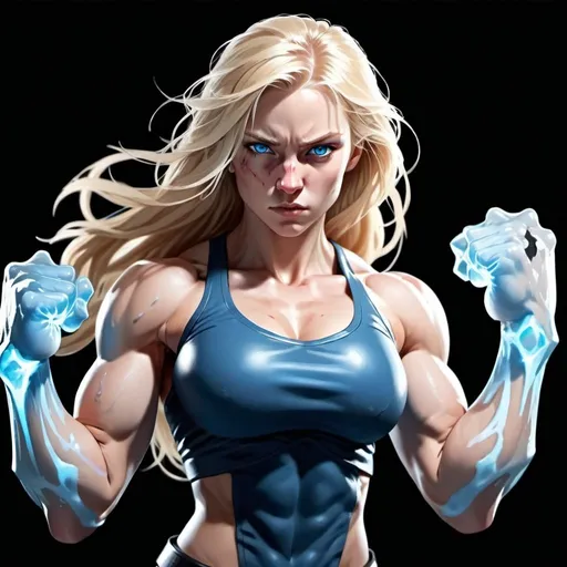 Prompt: Female figure. Greater bicep definition. Sharper, clearer blue eyes. Nosebleed. Long Blonde hair flapping. Frostier, glacier effects. Fierce combat stance. icy Knuckles.