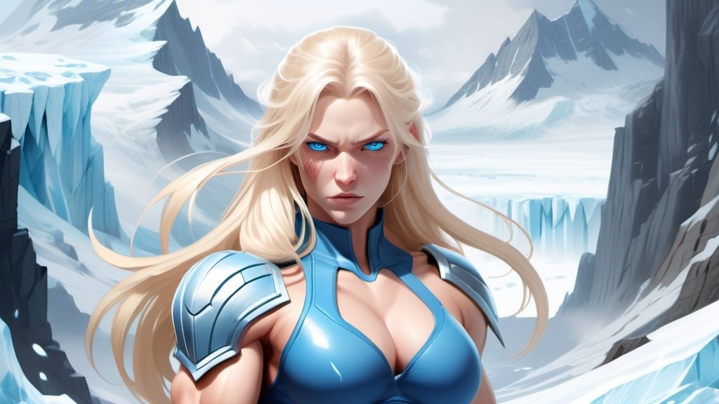 Prompt: Female figure. Greater bicep definition. Sharper, clearer blue eyes. Nosebleed. Long Blonde hair flapping. Frostier, glacier effects. Fierce combat stance. Raging Fists. Icy Knuckles.