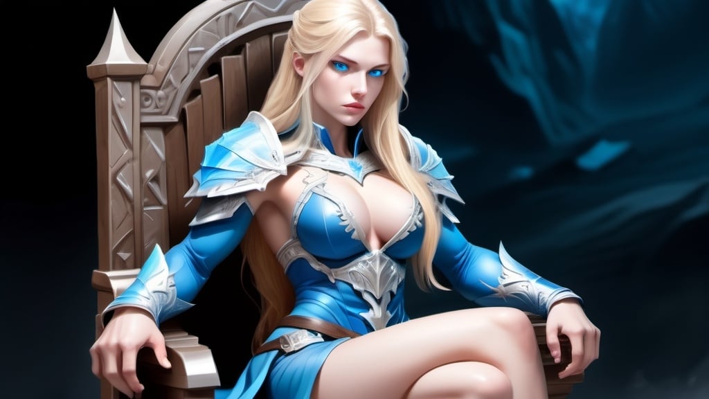 Prompt: Female figure. Greater bicep definition. Sharper, clearer blue eyes. Long Blonde hair flapping. Frostier, glacier effects. Fierce combat stance. She is sitting on a throne, resting her cheek on her hand.