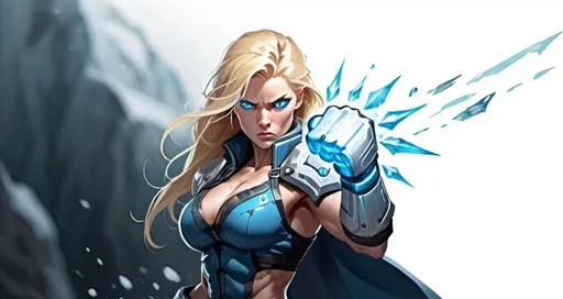 Prompt: Female figure. Greater bicep definition. Sharper, clearer blue eyes. Nosebleed. Long Blonde hair flapping. Frostier, glacier effects. Fierce combat stance. Raging Fists. Icy Knuckles. 