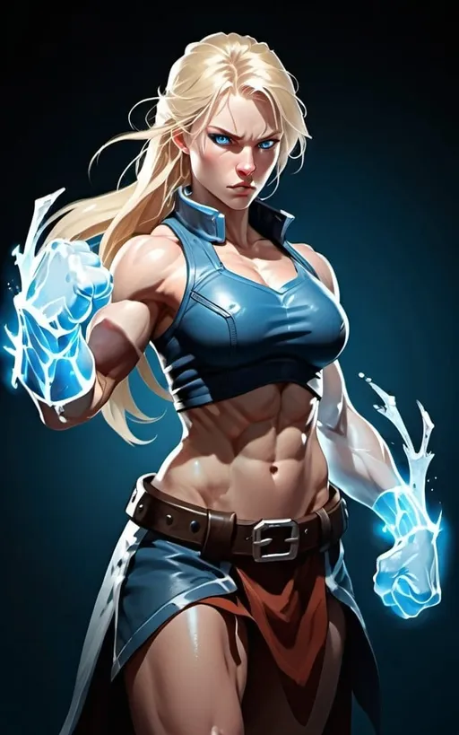 Prompt: Female figure. Greater bicep definition. Sharper, clearer blue eyes. Long Blonde hair flapping. Frostier, glacier effects. Fierce combat stance. Icy Knuckles. Raging Fists.