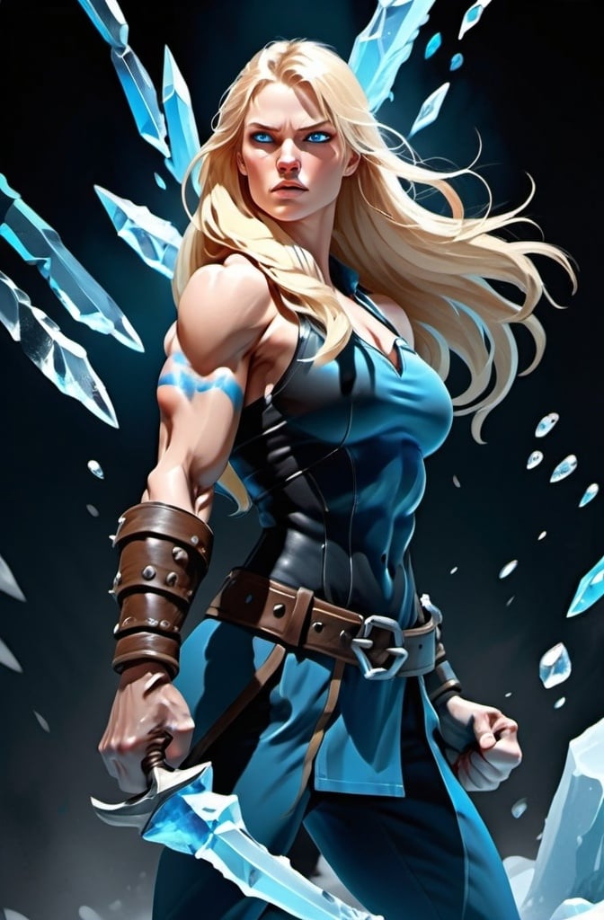 Prompt: Female figure. Greater bicep definition. Sharper, clearer blue eyes. Long Blonde hair flapping. Frostier, glacier effects. Fierce combat stance. Icy Knuckles. Raging Fists.