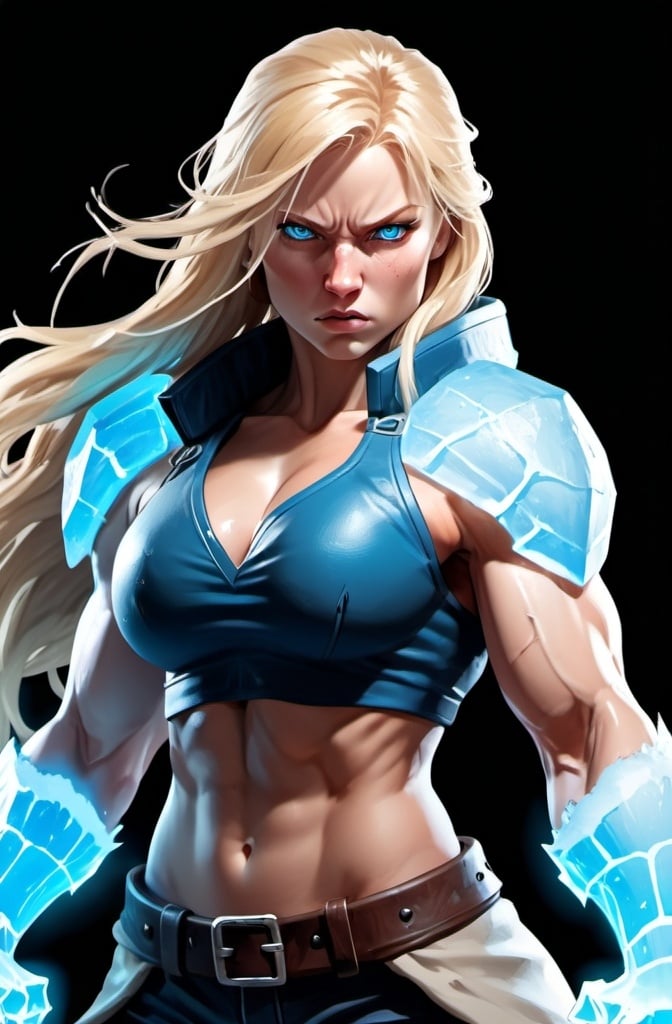 Prompt: Female figure. Greater bicep definition. Sharper, clearer blue eyes. Nosebleed. Long Blonde hair flapping. Frostier, glacier effects. Fierce combat stance. Raging Fists. Icy Knuckles. 