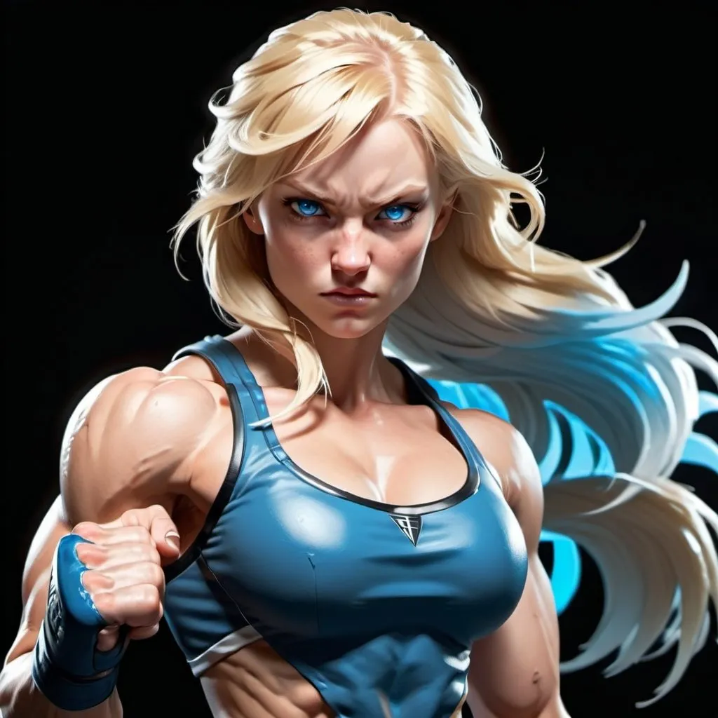 Prompt:  Female figure. Greater bicep definition. Sharper, clearer blue eyes. Blonde hair  flapping. Frostier, glacier effects. Fierce combat stance. Raging Fists. 