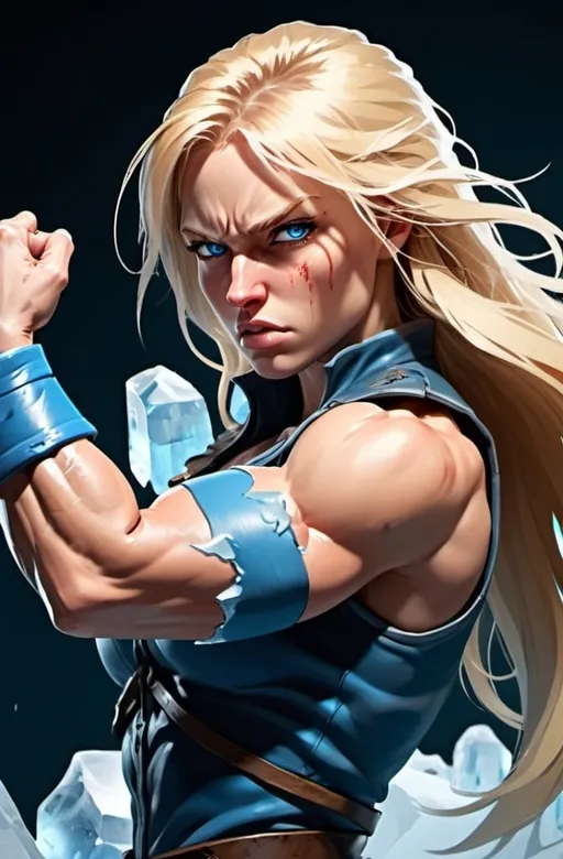 Prompt: Female figure. Greater bicep definition. Sharper, clearer blue eyes. Bleeding. Long Blonde hair flapping. Frostier, glacier effects. Fierce combat stance. Raging Fists. Icy Knuckles. 