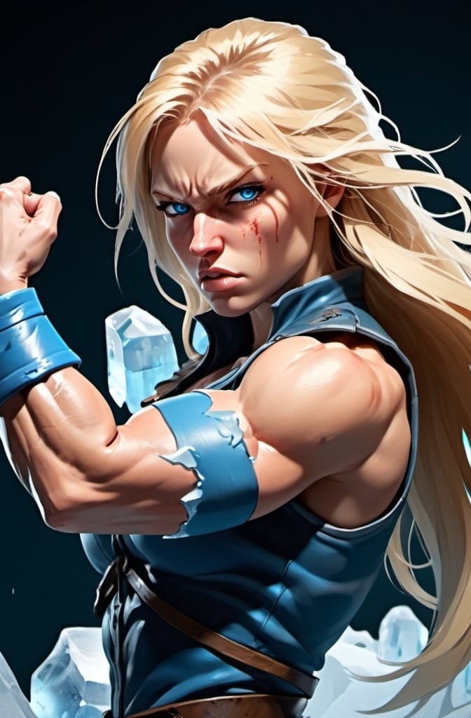 Prompt: Female figure. Greater bicep definition. Sharper, clearer blue eyes. Bleeding. Long Blonde hair flapping. Frostier, glacier effects. Fierce combat stance. Raging Fists. Icy Knuckles. 