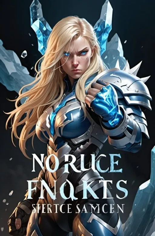 Prompt: Female figure. Greater bicep definition. Sharper, clearer blue eyes. Nosebleed. Long Blonde hair flapping. Frostier, glacier effects. Fierce combat stance. Raging Fists. Icy Knuckles. Blue armor suit. 