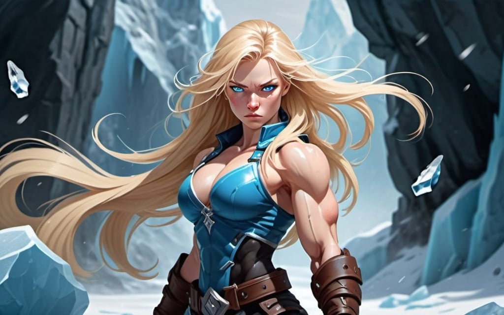 Prompt: Female figure. Greater bicep definition. Sharper, clearer blue eyes. Nosebleed. Long Blonde hair flapping. Frostier, glacier effects. Fierce combat stance. Icy Knuckles.  