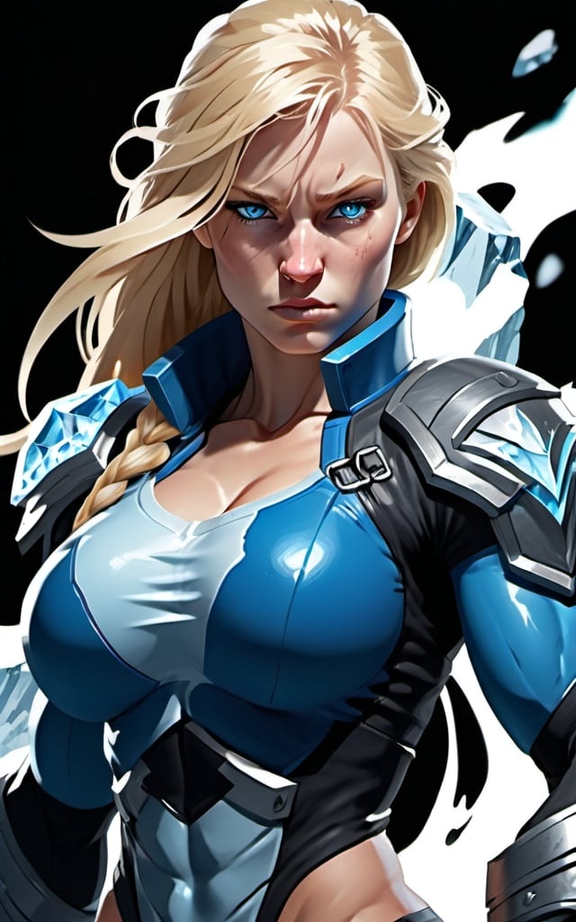 Prompt: Female figure. Greater bicep definition. Sharper, clearer blue eyes. Nosebleed. Long Blonde hair flapping. Frostier, glacier effects. Fierce combat stance. Icy Knuckles.