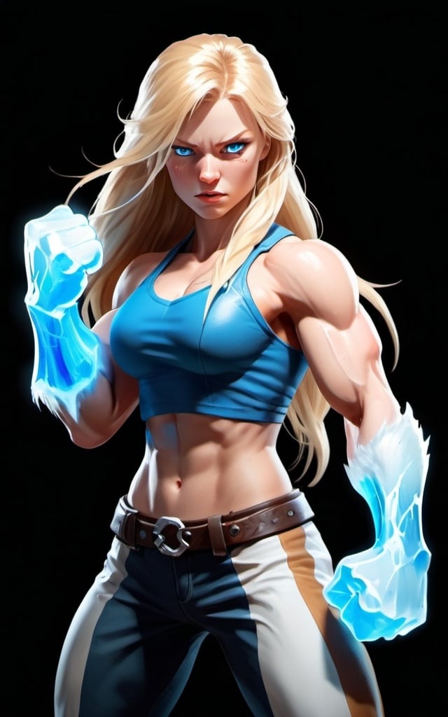 Prompt: Female figure. Greater bicep definition. Sharper, clearer blue eyes. Long Blonde hair flapping. Frostier, glacier effects. Fierce combat stance. Icy Knuckles. Raging Fists.