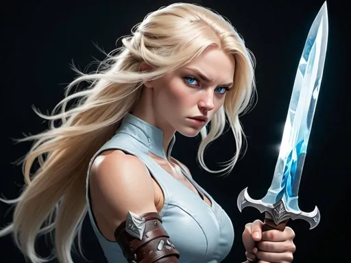 Prompt: Female figure. Greater bicep definition. Sharper, clearer blue eyes. Nosebleed. Long Blonde hair flapping. Frostier, glacier effects. Fierce combat stance. Ice dagger. 