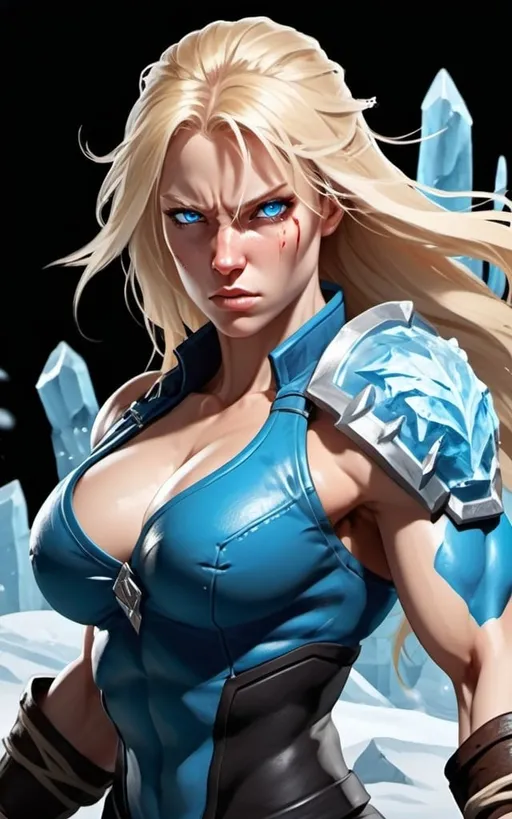 Prompt: Female figure. Greater bicep definition. Sharper, clearer blue eyes. Bleeding. Long Blonde hair flapping. Frostier, glacier effects. Fierce combat stance. Raging Fists. Icy Knuckles.