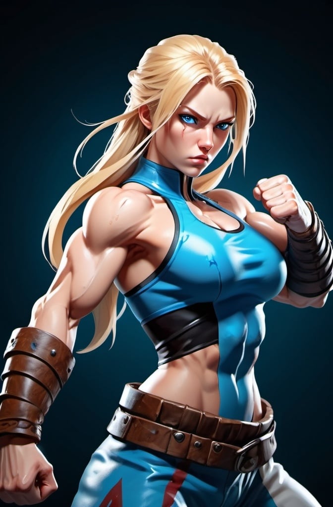 Prompt: Female figure. Greater bicep definition. Sharper, clearer blue eyes. Bleeding. Long Blonde hair flapping. Frostier, glacier effects. Fierce combat stance. Raging Fists. Icy Knuckles.