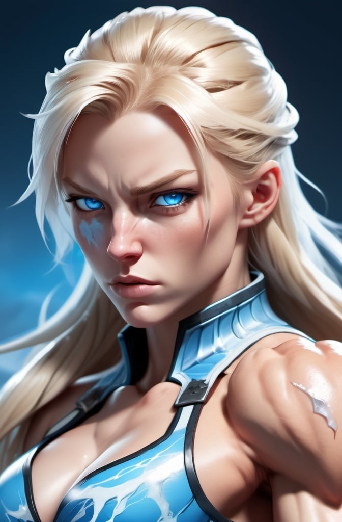 Prompt:  Female figure. Greater bicep definition. Sharper, clearer blue eyes. Nosebleed. Long Blonde hair flapping. Frostier, glacier effects. Fierce combat stance. Raging Fists. Icy Knuckles. 