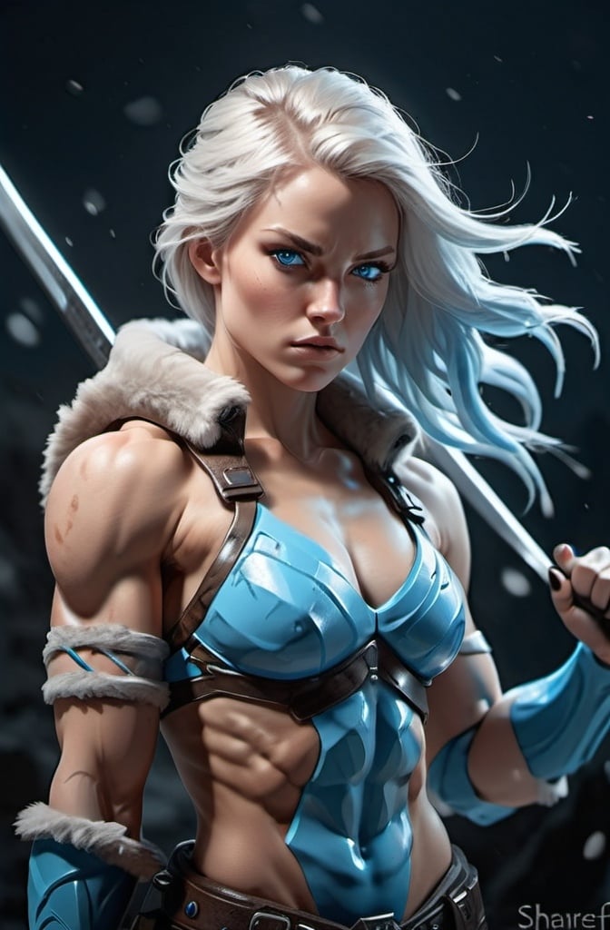 Prompt: Female figure. Greater bicep definition. Sharper, clearer blue eyes.  Frostier, glacier effects. Fierce combat stance. 