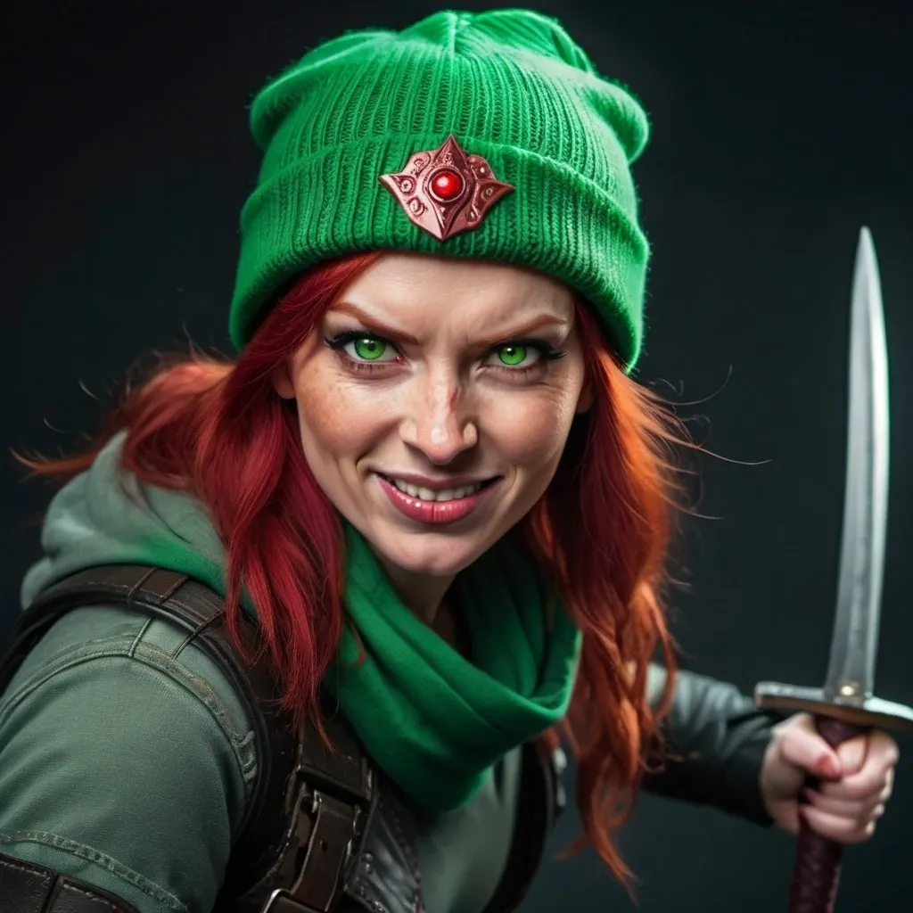 Prompt: Evil red-haired warrior woman, wearing a green beanie and a mischievous smirk. Carmine, red eyes. Fierce combat stance. 