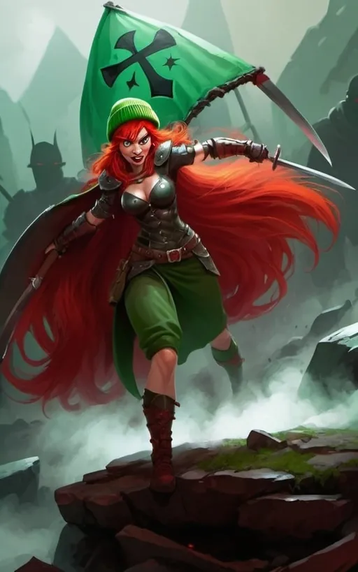 Prompt: Evil red-haired warrior woman, wearing a green beanie and a mischievous smirk. Carmine, red eyes. Fierce combat stance. 