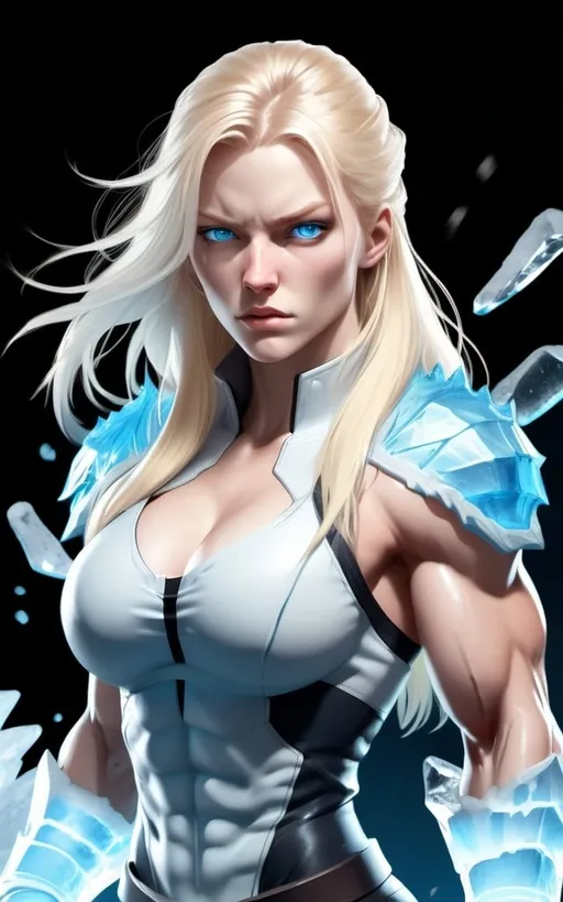 Prompt: Female figure. Greater bicep definition. Sharper, clearer blue eyes. Nosebleed. Long Blonde hair flapping. Frostier, glacier effects. Fierce combat stance. Raging Fists. Icy Knuckles.