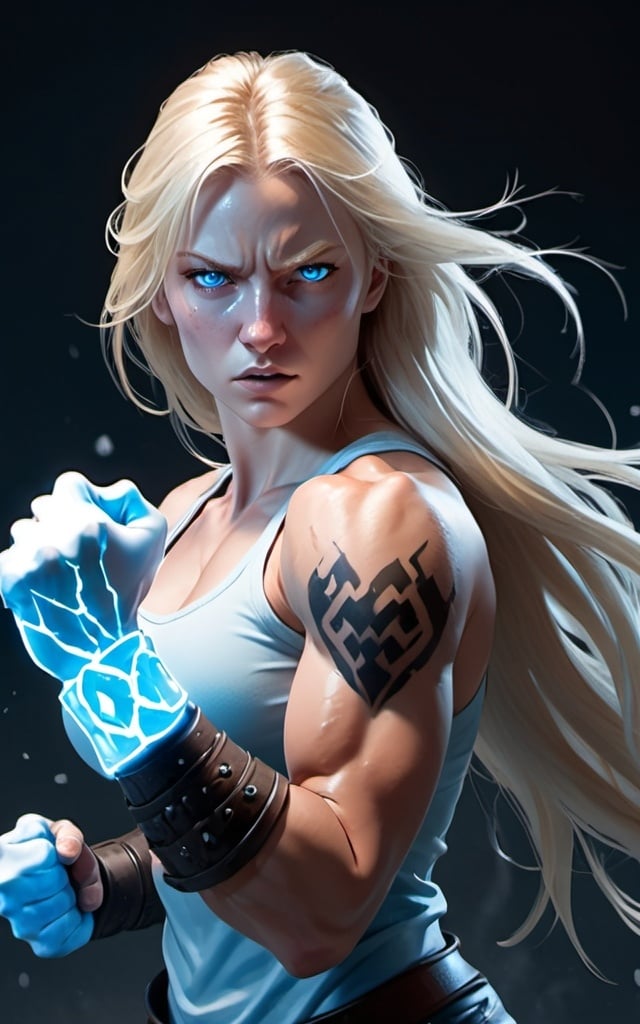 Prompt: Female figure. Greater bicep definition. Sharper, clearer blue eyes. Nosebleed. Long Blonde hair flapping. Frostier, glacier effects. Fierce combat stance. Raging Fists. Icy Knuckles. 