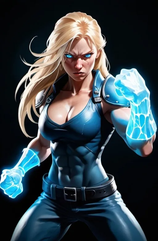 Prompt: Female figure. Greater bicep definition. Sharper, clearer blue eyes. Nosebleed. Long Blonde hair flapping. Frostier, glacier effects. Fierce combat stance. Raging Fists. Icy Knuckles.