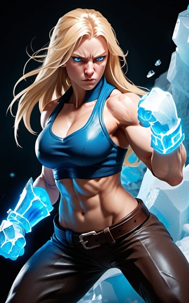 Prompt: Female figure. Greater bicep definition. Sharper, clearer blue eyes. Nosebleed. Long Blonde hair flapping. Frostier, glacier effects. Fierce combat stance. Raging Fists. Icy Knuckles.