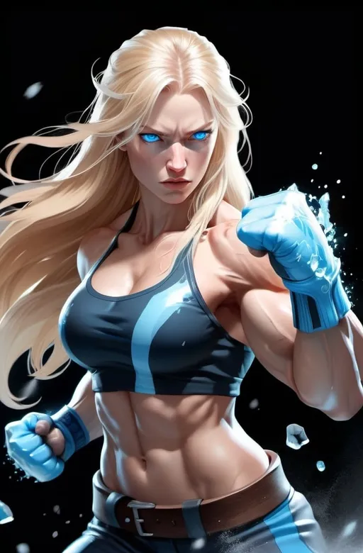 Prompt: Female figure. Greater bicep definition. Sharper, clearer blue eyes. Nosebleed. Long Blonde hair flapping. Frostier, glacier effects. Fierce combat stance. Raging Fists. Icy Knuckles.