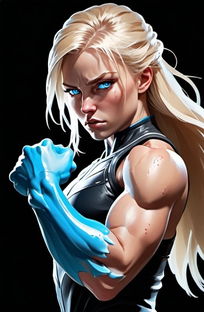 Prompt: Female figure. Greater bicep definition. Sharper, clearer blue eyes. Bleeding. Long Blonde hair flapping. Frostier, glacier effects. Fierce combat stance. Icy Knuckles.