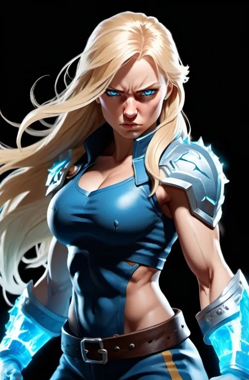 Prompt: Female figure. Greater bicep definition. Sharper, clearer blue eyes. Nosebleed. Long Blonde hair flapping. Frostier, glacier effects. Fierce combat stance. Raging Fists. Icy Knuckles. 