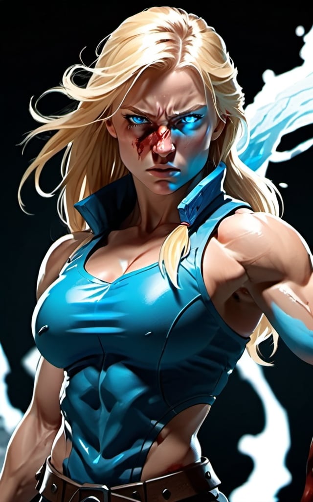 Prompt: Female figure. Greater bicep definition. Sharper, clearer blue eyes. Nosebleed. Long Blonde hair flapping. Frostier, glacier effects. Fierce combat stance. Enraged. 