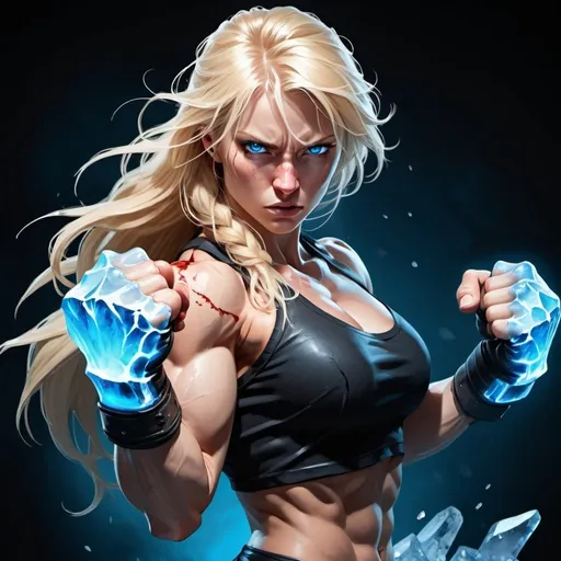 Prompt: Female figure. Greater bicep definition. Sharper, clearer blue eyes. Bleeding. Long Blonde hair flapping. Frostier, glacier effects. Fierce combat stance. Raging Fists. Icy Knuckles. 