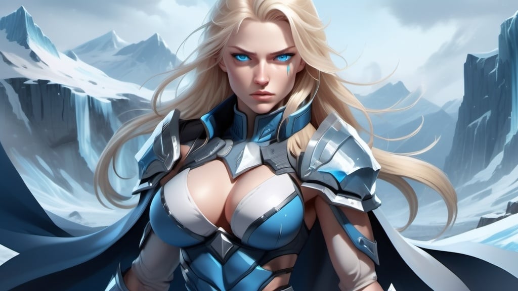 Prompt: Female figure. Greater bicep definition. Sharper, clearer blue eyes. Nosebleed. Long Blonde hair flapping. Frostier, glacier effects. Fierce combat stance. Raging Fists. Icy Knuckles.