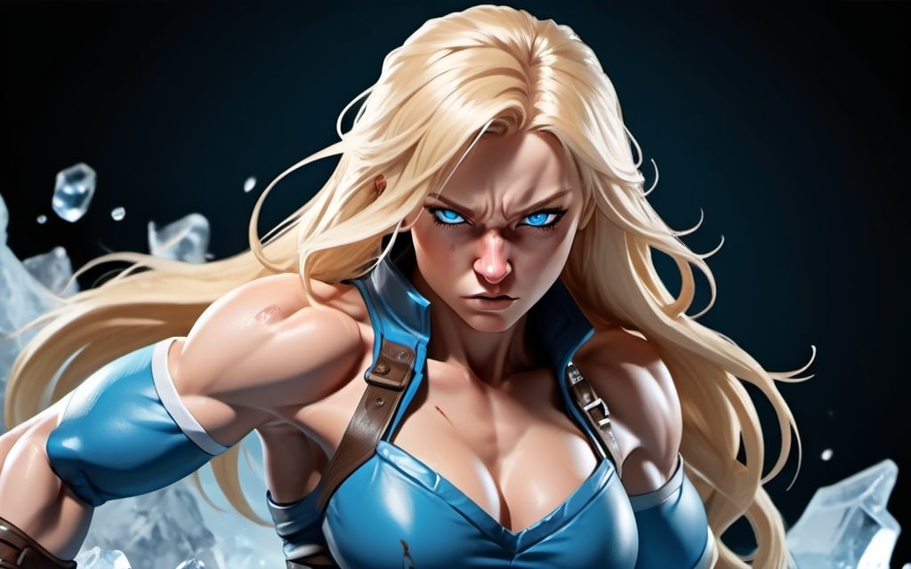 Prompt: Female figure. Greater bicep definition. Sharper, clearer blue eyes. Nosebleed. Long Blonde hair flapping. Frostier, glacier effects. Fierce combat stance. Raging Fists. Icy Knuckles. 