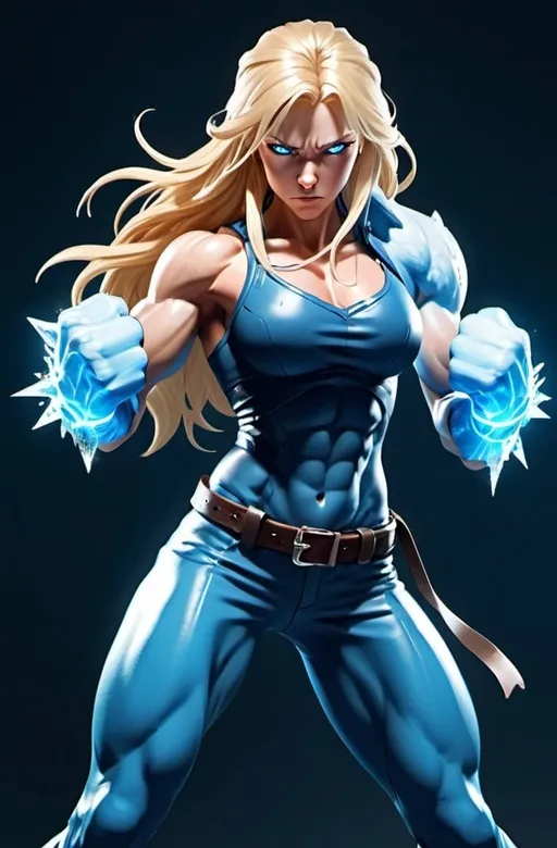 Prompt: Female figure. Greater bicep definition. Sharper, clearer blue eyes. Nosebleed. Long Blonde hair flapping. Frostier, glacier effects. Fierce combat stance. Raging Fists. Icy Knuckles. Blue outfit. 