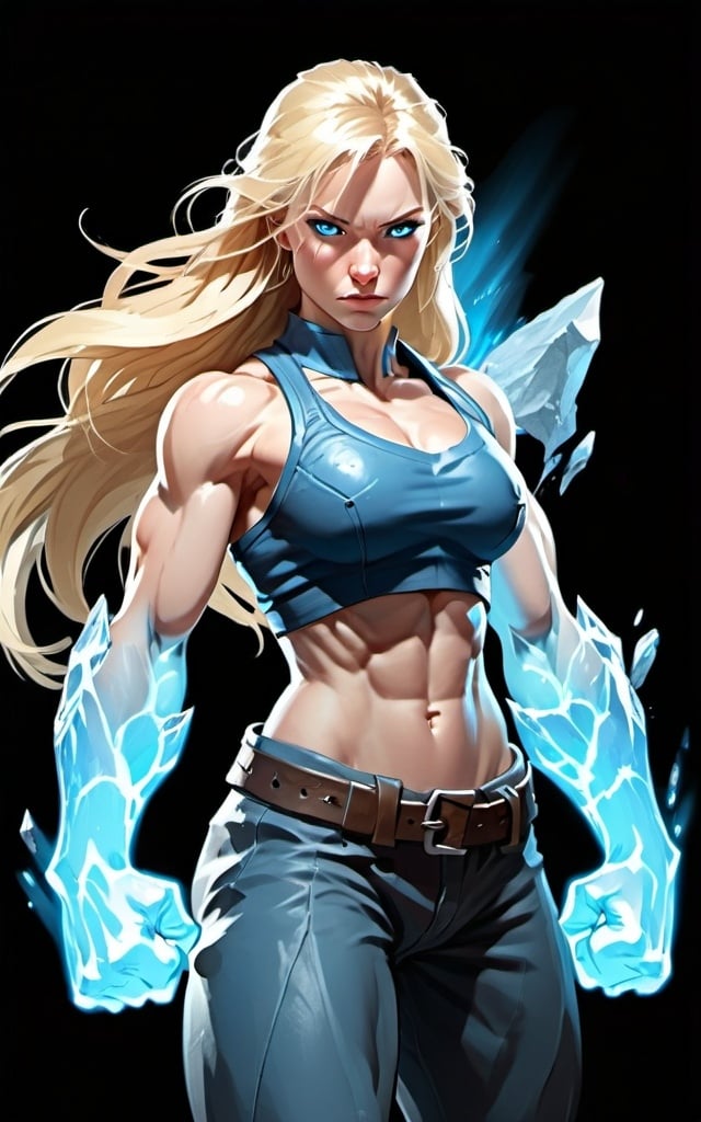 Prompt: Female figure. Greater bicep definition. Sharper, clearer blue eyes. Long Blonde hair flapping. Frostier, glacier effects. Fierce combat stance. Raging Fists.