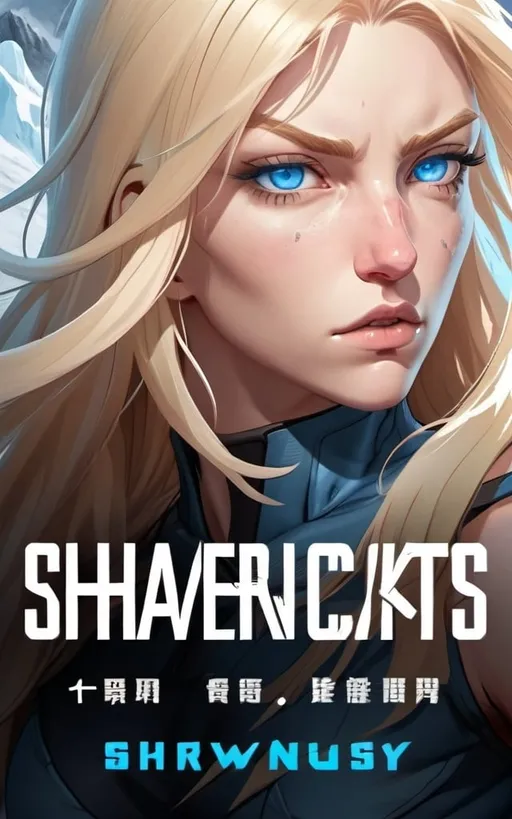 Prompt: Female figure. Greater bicep definition. Sharper, clearer blue eyes. Nosebleed. Long Blonde hair flapping. Frostier, glacier effects. Fierce combat stance. Raging Fists. Icy Knuckles.