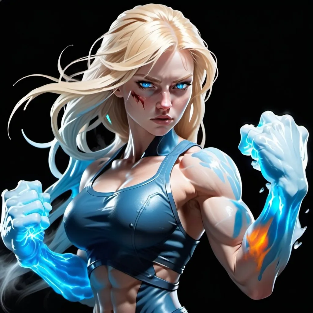 Prompt: Female figure. Greater bicep definition. Sharper, clearer blue eyes. Nosebleed. Long Blonde hair flapping. Frostier, glacier effects. Fierce combat stance. Icy Knuckles. Engulfed in Mist. 