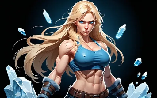 Prompt: Female figure. Greater bicep definition. Sharper, clearer blue eyes. Nosebleed. Long Blonde hair flapping. Frostier, glacier effects. Fierce combat stance. Raging Fists. Icy Knuckles. 