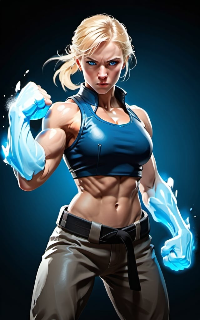 Prompt: Female figure. Greater bicep definition. Sharper, clearer blue eyes. Blonde hair flapping. Frostier, glacier effects. Fierce combat stance. Martial artist. 