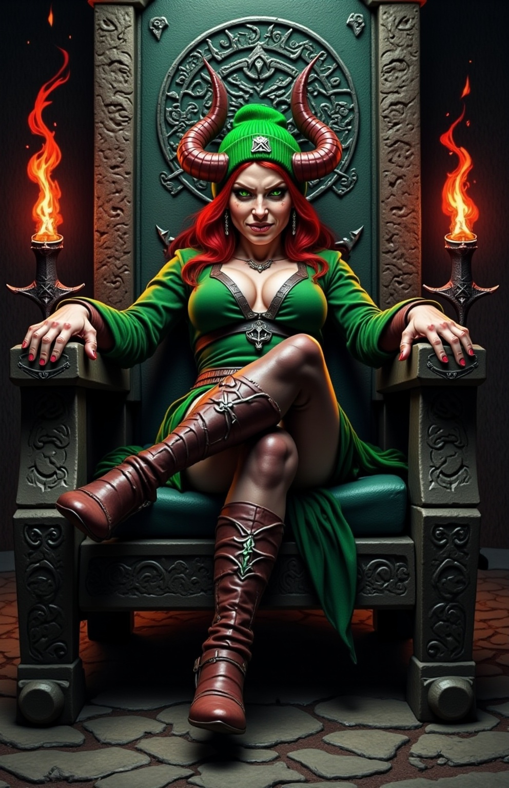 Prompt: @wbV7YKlXTFt2cBPb46HT A powerful female warrior, adorned with a demonic horned crown, sits confidently on an ornate throne. Her expression is a wicked smirk, revealing her cunning nature. The throne is intricately carved, surrounded by dark, swirling shadows that hint at her sinister power. Flickering torches cast an ominous glow, highlighting the sharp angles of her crown and the fierce determination in her eyes. The background features crumbling stone walls, adorned with ancient runes that pulse faintly with energy, enhancing the atmosphere of dark majesty. The camera captures this scene from a low angle, emphasizing her dominance and the grandeur of her throne, while a subtle mist swirls around the base, adding an air of mystery.