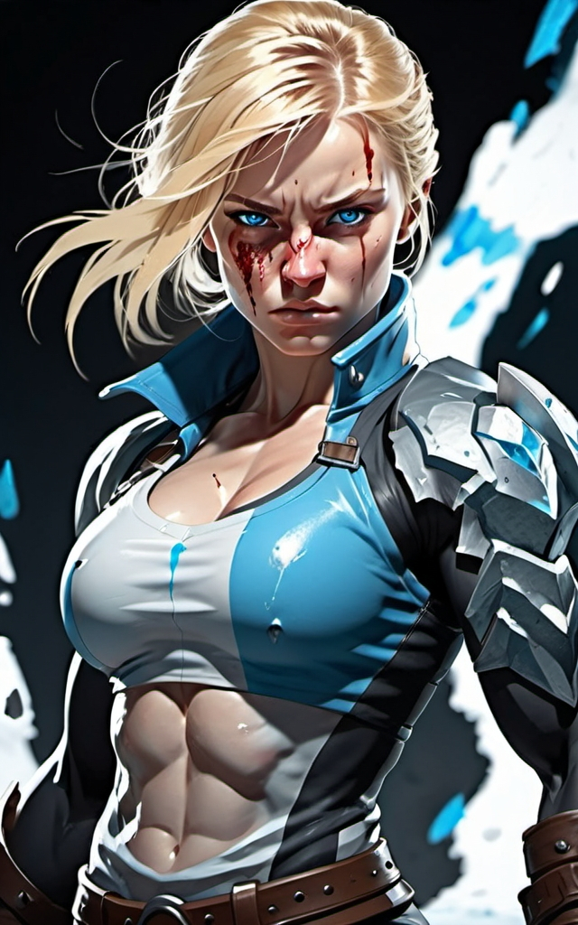 Prompt: Female figure. Greater bicep definition. Sharper, clearer blue eyes. Bleeding. Long Blonde hair flapping. Frostier, glacier effects. Fierce combat stance.