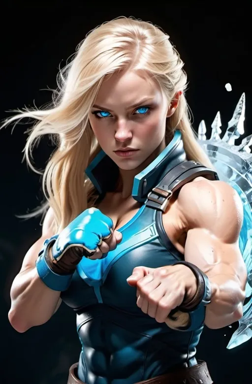 Prompt: Female figure. Greater bicep definition. Sharper, clearer blue eyes. Long Blonde hair flapping. Frostier, glacier effects. Fierce combat stance. Frost Covered Fists.