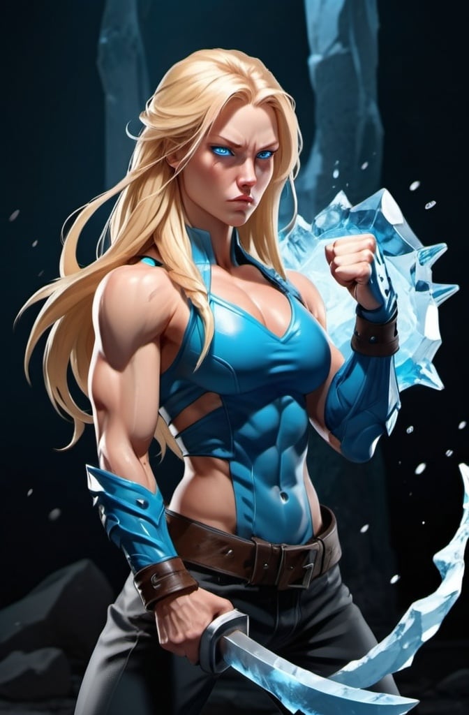 Prompt: Female figure. Greater bicep definition. Sharper, clearer blue eyes. Nosebleed. Long Blonde hair flapping. Frostier, glacier effects. Fierce combat stance. Raging Fists. Icy Knuckles. 