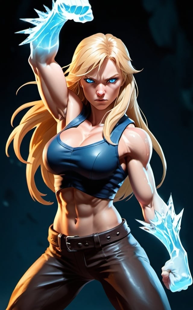 Prompt: Female figure. Greater bicep definition. Sharper, clearer blue eyes. Nosebleed. Long Blonde hair flapping. Frostier, glacier effects. Fierce combat stance. Raging Fists. Icy Knuckles. 