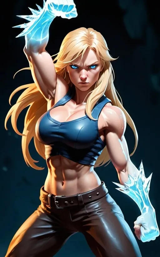 Prompt: Female figure. Greater bicep definition. Sharper, clearer blue eyes. Nosebleed. Long Blonde hair flapping. Frostier, glacier effects. Fierce combat stance. Raging Fists. Icy Knuckles. 