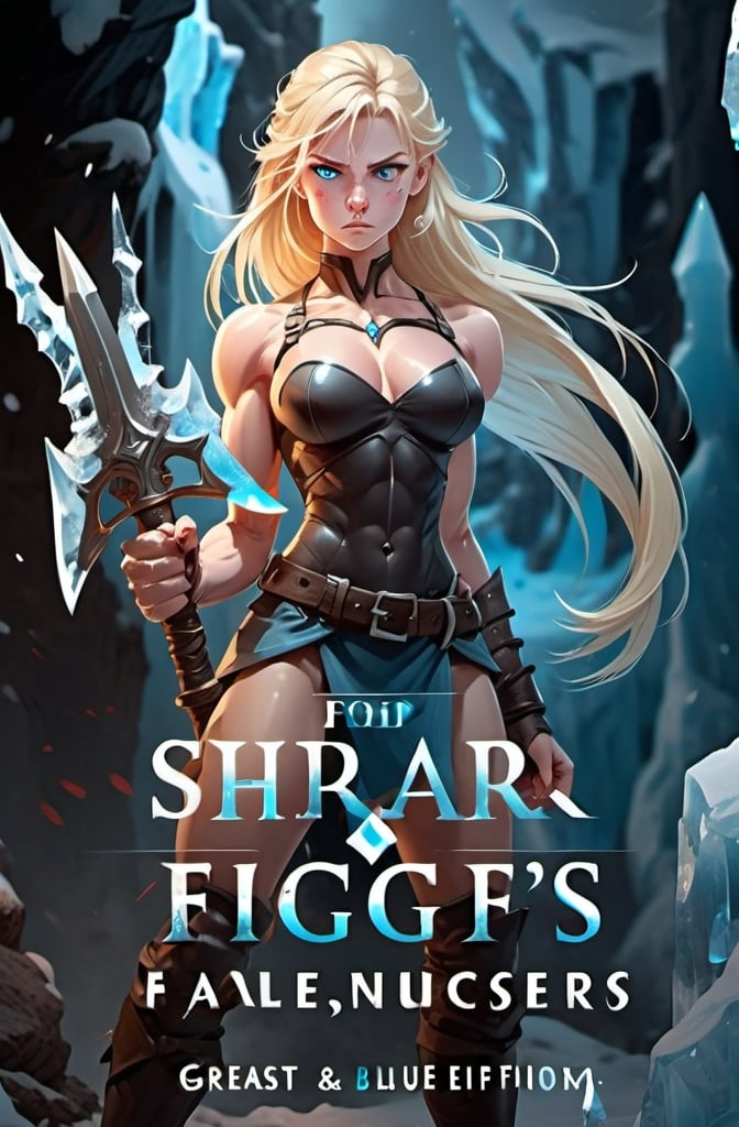 Prompt:  Female figure. Greater bicep definition. Sharper, clearer blue eyes. Blonde hair flapping. Nosebleed. Frostier, glacier effects. Fierce combat stance. Holding ice daggers. 