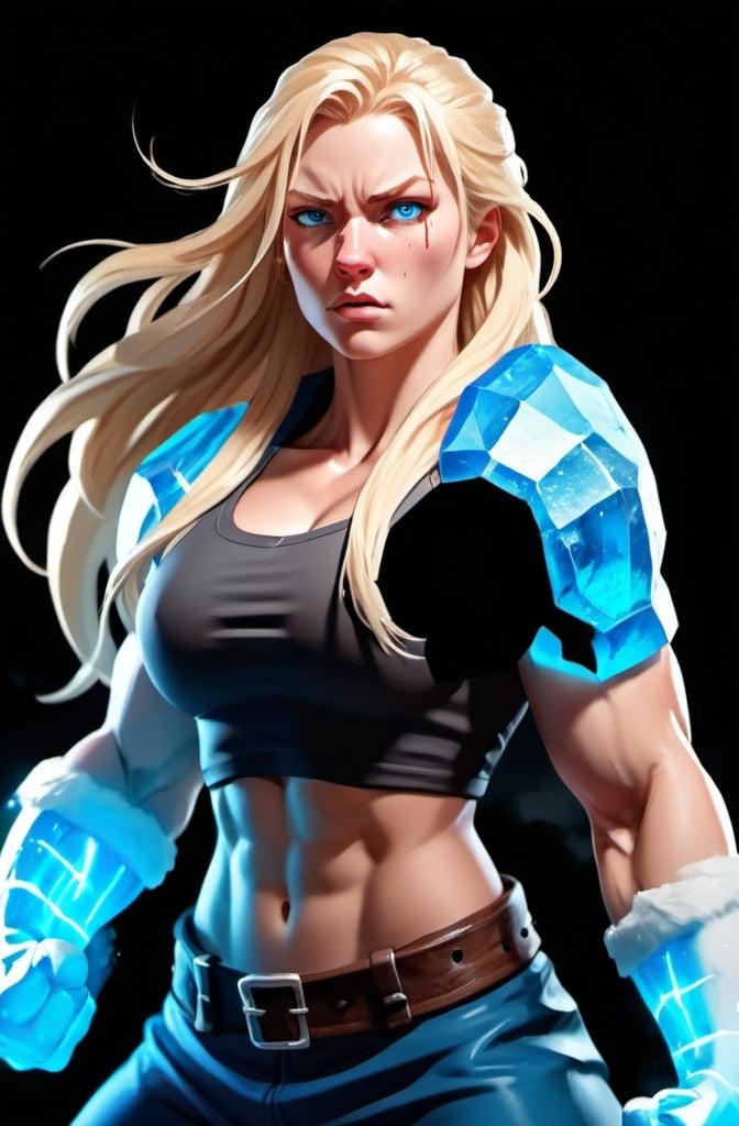 Prompt: Female figure. Greater bicep definition. Sharper, clearer blue eyes. Nosebleed. Long Blonde hair flapping. Frostier, glacier effects. Fierce combat stance. Raging Fists. Icy Knuckles. 