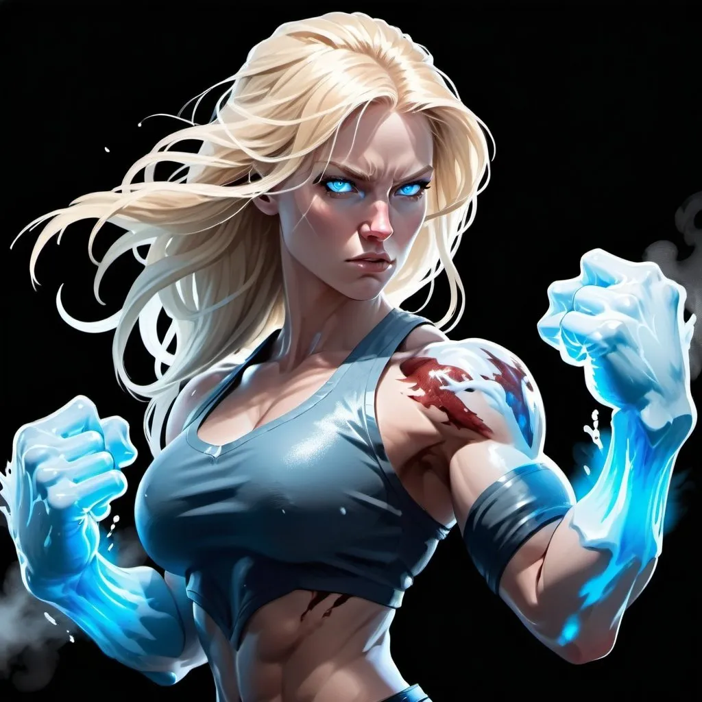 Prompt: Female figure. Greater bicep definition. Sharper, clearer blue eyes. Nosebleed. Long Blonde hair flapping. Frostier, glacier effects. Fierce combat stance. Icy Knuckles. Engulfed in Mist. 