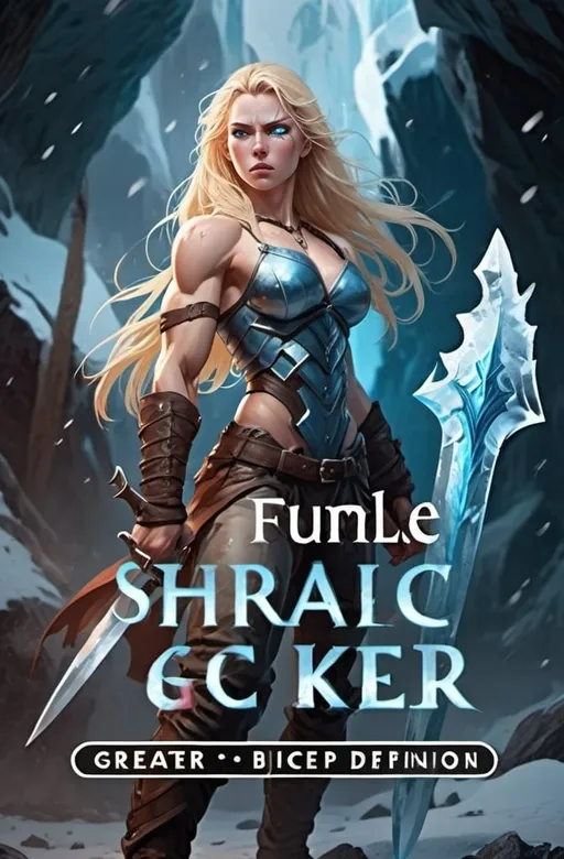 Prompt: Female figure. Greater bicep definition. Sharper, clearer blue eyes. Bleeding. Long Blonde hair flapping. Frostier, glacier effects. Fierce combat stance. Ice Daggers. 