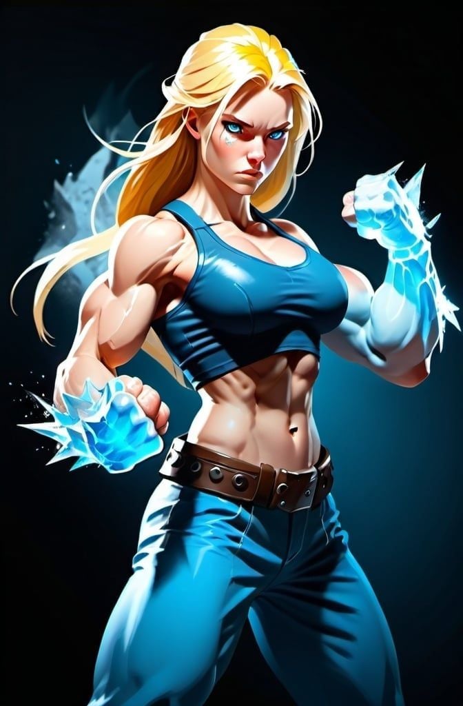 Prompt: A photo of a young woman channeling the frost inside of her into earth shattering deadly fists.