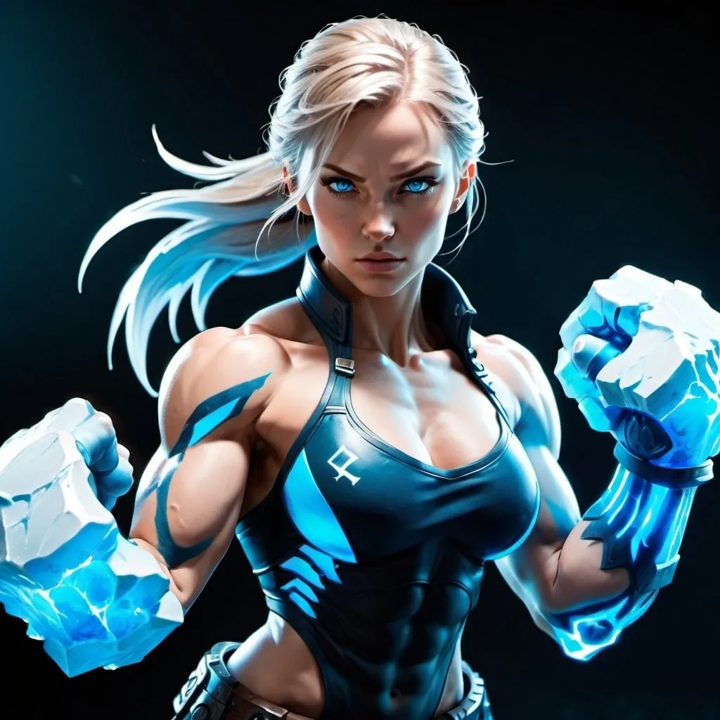 Prompt: Female figure. Greater bicep definition. Sharper, clearer blue eyes.  Frostier, glacier effects. Fierce combat stance. 